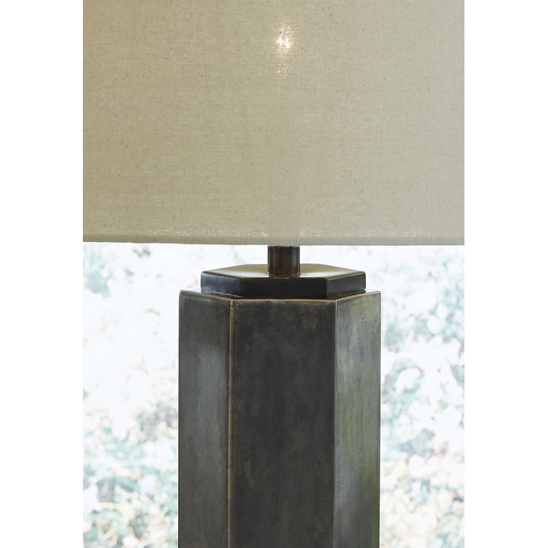 Dirkton Hexagon Pewter and Black Table Lamp with Drum Shade