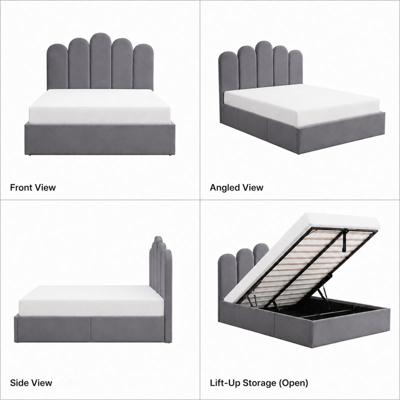 Petal Palm Headboard Upholstered Platform Bed with Gas Lift Storage, Queen, Gray Velvet, Gray, Queen