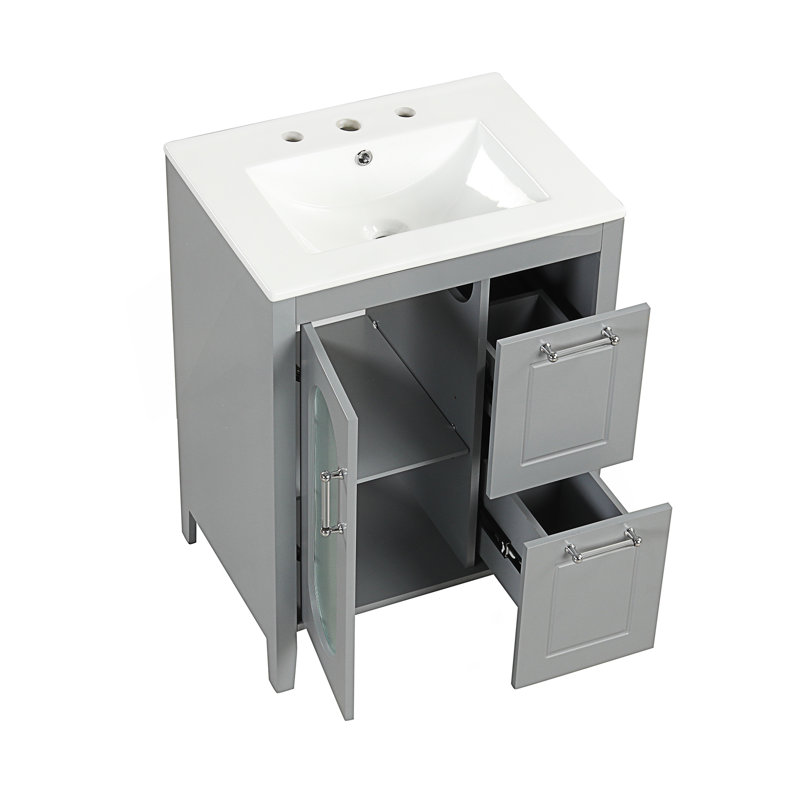 Meuble-lavabo avec lavabo, meuble-lavabo avec deux tiroirs et porte, Gris