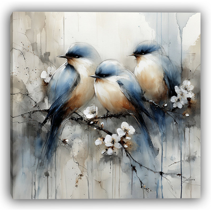 Tranquil Companions - Aquarelles et oiseaux bleus, H 40 po x l 40 po