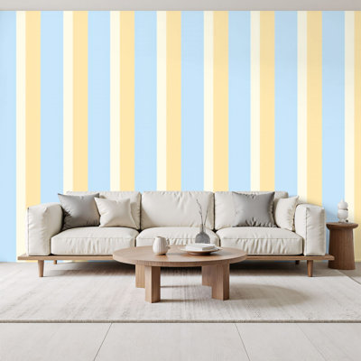 Peel and Stick Wallpaper Soft Blue Yellow Striped Vertical Lines Wall Murals 69"H x 96"W Removable PVC Wall Paper Self-Adhesive Wall Decor for Bedroom Living Room Home Office