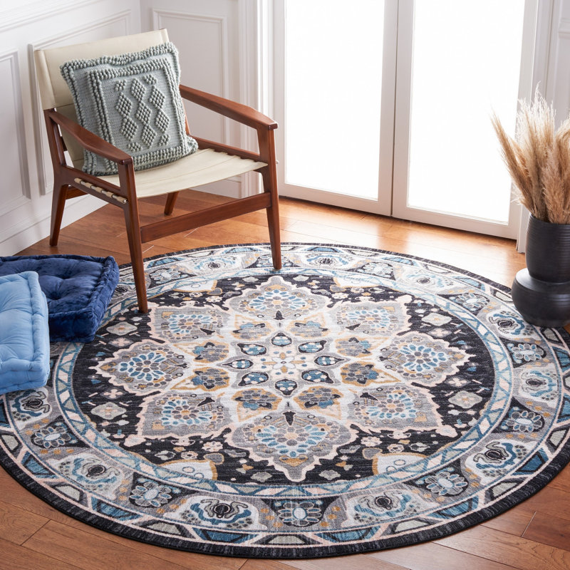 Manado Oriental Gray/Light Blue Area Rug, Round 6'7"
