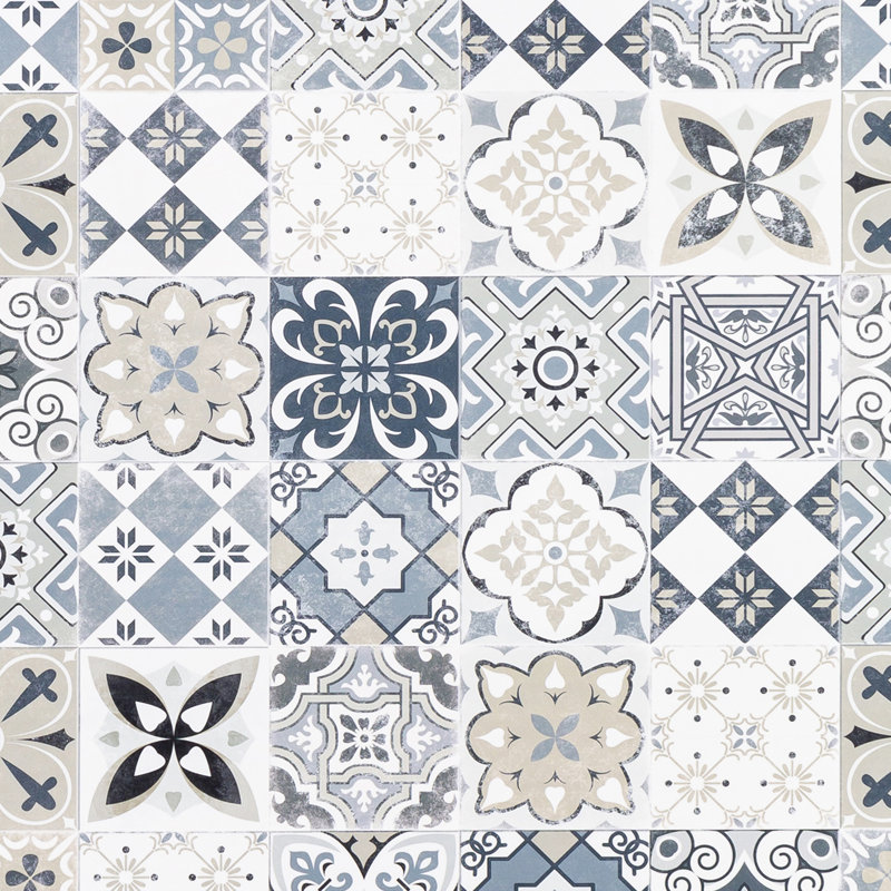 Akkar Geometric Blue/Cream/Gray Area Rug, Rectangle 6'6" x 8'2"