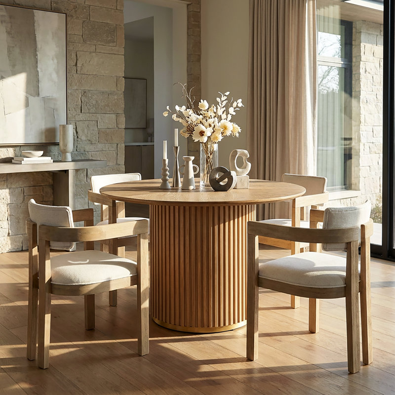 Logan 5-Piece Round Pedestal Dining Table Set With Upholstered Chairs, Light Ash