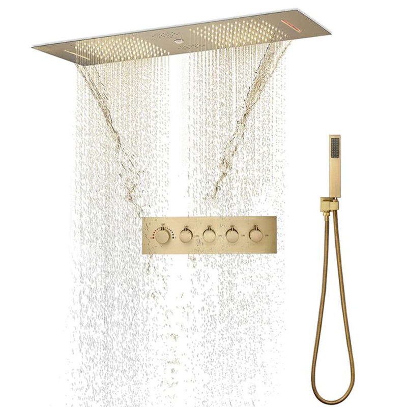 Système de pomme de douche thermostatique à pluie avec douche à main carrée Modica, Or brossé