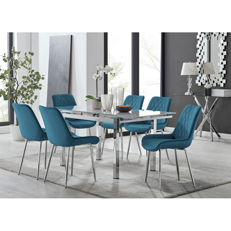 Tierra Modern Glass & Metal Extendable Dining Table Set & 6 Luxury Upholstered Velvet Dining Chairs, Blue/Silver
