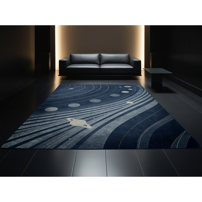 Machine Washable Pavlo Art Deco Arc Rug in Gray – Navy Binding, 6 x 9