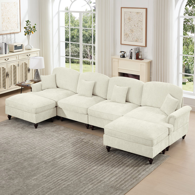 Classic U Shape 4 Seater Modular Sectional Sofa Couch With Flared Arms And Removable Ruffles Pleats Skirts And Spindle Legs, Chenille Deep Seat Cloud Sofa With Movable Ottomans