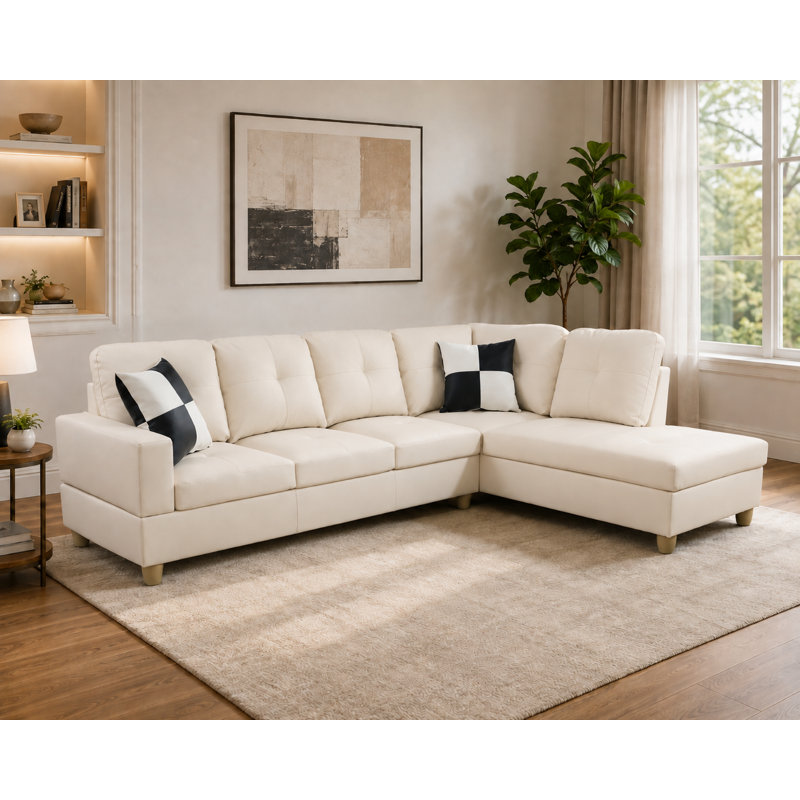 Ensemble de canapé modulaire en similicuir 2 pièces avec méridienne blanc cassé, Similicuir blanc cassé