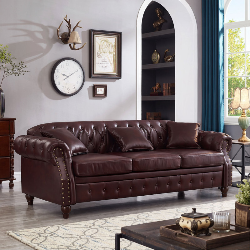 Canapé rembourré en similicuir de 85,8 po Chesterfield