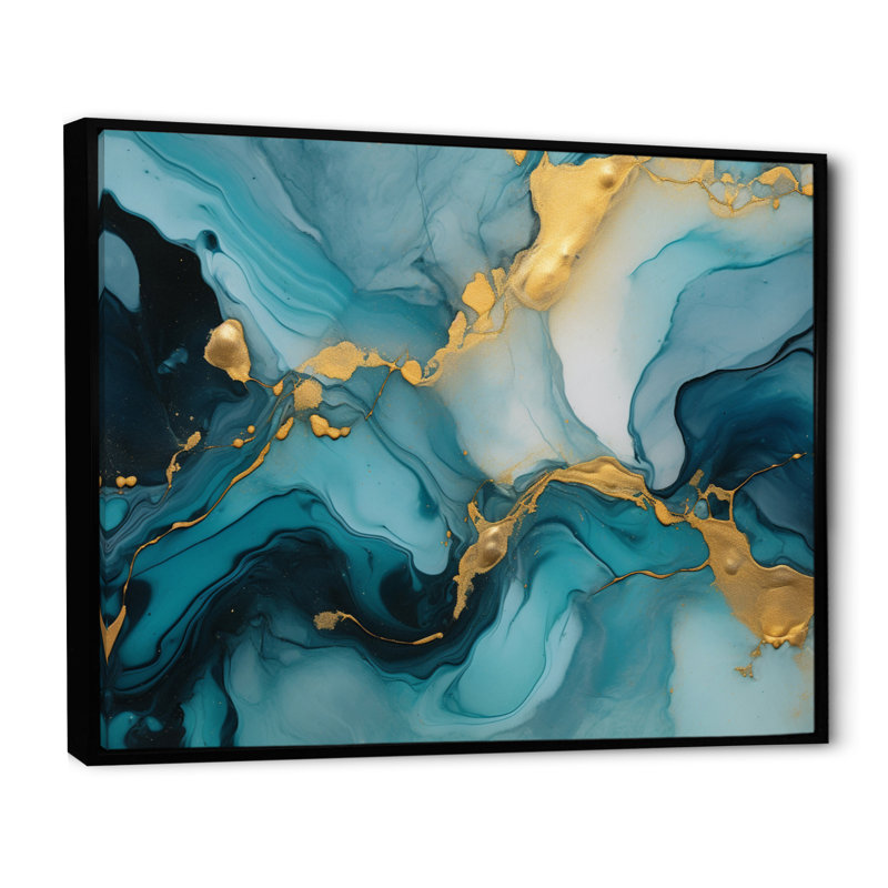 Turquoise doré infusé marbre II - fractales, art mural, H 24 po x l 32 po x P 1 po, Cadre flottant noir