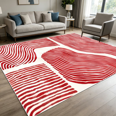 Tapis à motif géométrique à rayures ondulées bourgogne et crème 1pc pour le salon, doux et confortable, adapté à toutes les saisons, facile à entretenir, tapis de sol intérieur lavable à la machine, sous la table de ferme convenant à la salle à manger, la chambre à coucher, la cuisine,