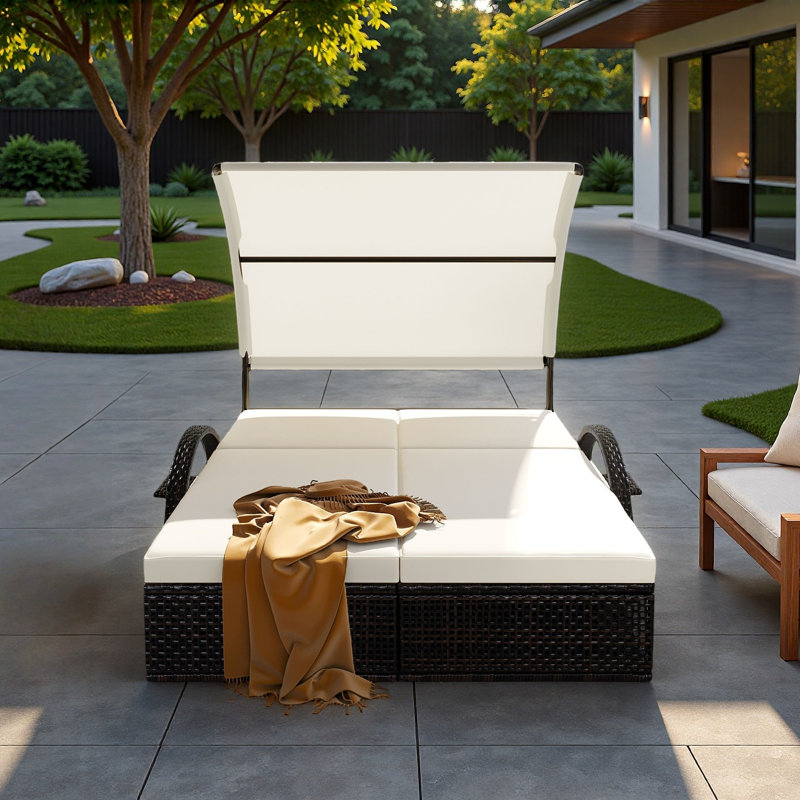 Outdoor Steel Frame Sun Lounger With Curved Sun Canopy, Adjustable Backrest, Hidden Side Table And Arched Armrests, Beige