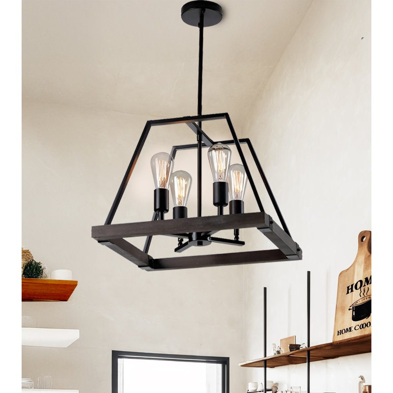 Luminaire suspendu géométrique unique à 4 lumières avec accents en bois Watha
