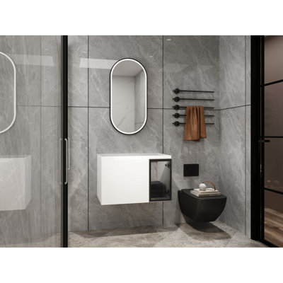 Meuble-lavabo de 30 po avec 2 portes à fermeture en douceur, armoire blanche brillante et 1/2 porte en verre gris, contreplaqué, design contemporain, grand espace de rangement, facile à nettoyer, finition de style moderne, matériau