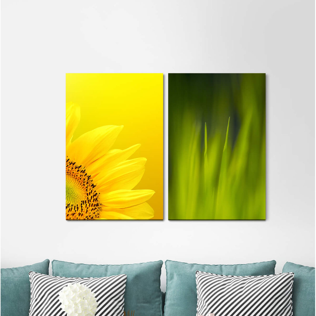 2-tlg. Leinwandbilder-Set - Grafikdruck „Sunflower Yellow Green Grasssummer”