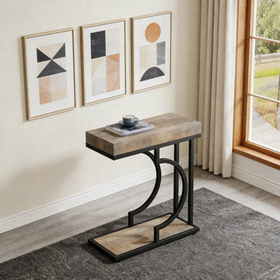 Narrow C-Shaped End Table With Faux Marble Top And Gold Metal Frame, Modern Side Table