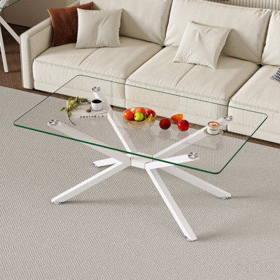 Table basse rectangulaire en verre transparent 39,37 po, design élégant avec pieds en métal blanc