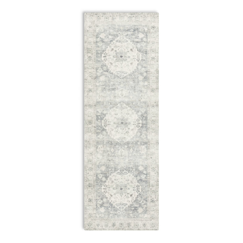 Denim Blue and Ivory Medallion Synthetic Runner Rug