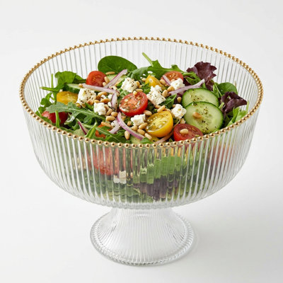 Bol à salade sur pied à pied droit, nervuré avec bordure dorée