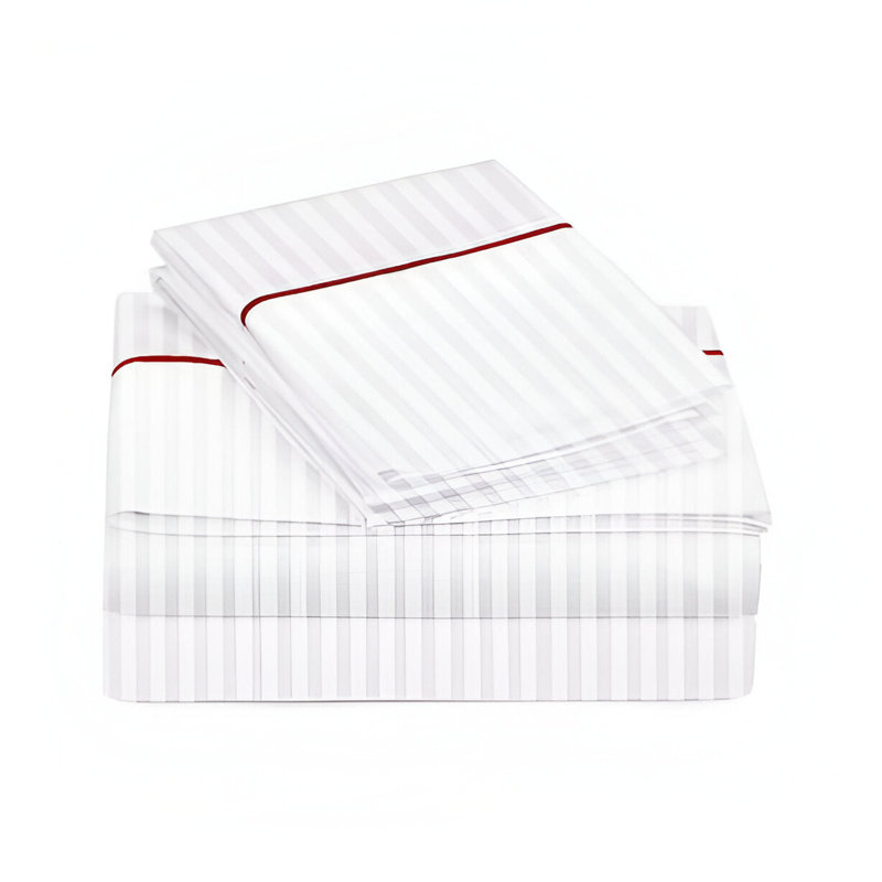 400TC Single Embroidery Sateen Stripe Cotton 4 Piece Sheet Set Fitted Sheet Fits Upto 16" Deep Pocket, Twin XL Sheet Set