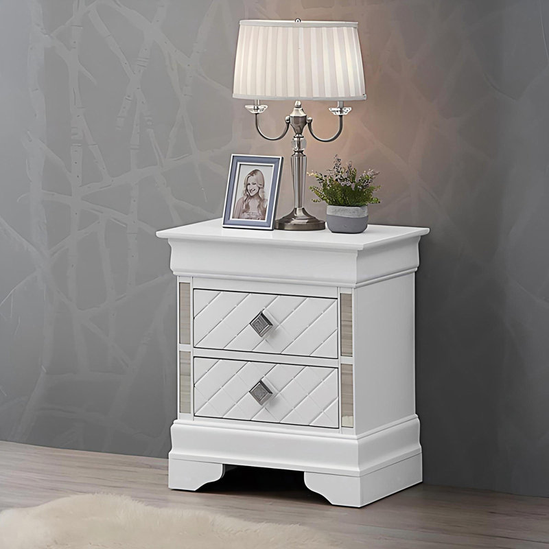 Bedroom Side Table, 2 Drawer Nightstand, White
