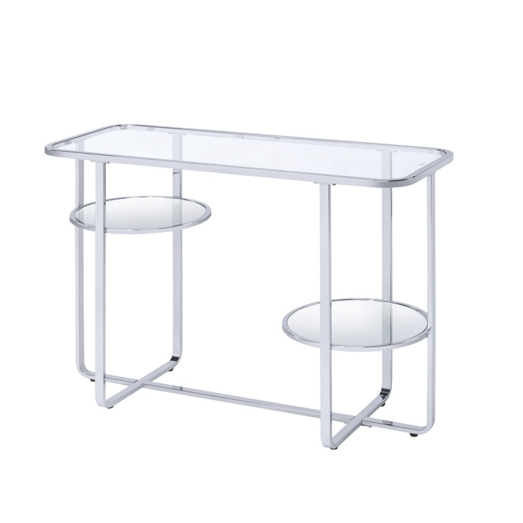 Ludovika Contemporary 42"L Rectangular Sofa Table with Mirrored Shelf in Chrome & Glass