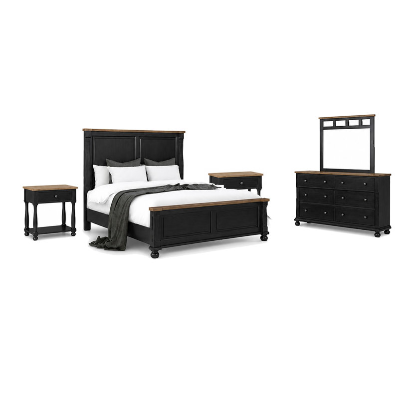 Ensemble de chambre avec grand lit 5 pièces Ginie, 2 tables de chevet USB, chêne brun rustique noir
