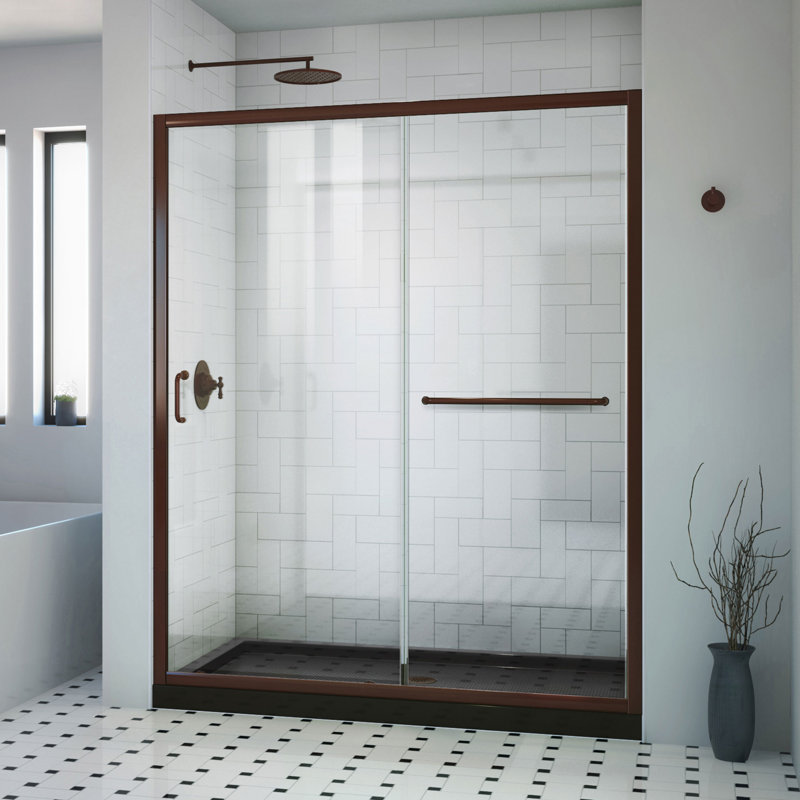 Infinity-Z 60" W x 32" D x 74.75" H Semi Frameless Rectangle Tub Enclosure with Towel Bar and Base Included, Center