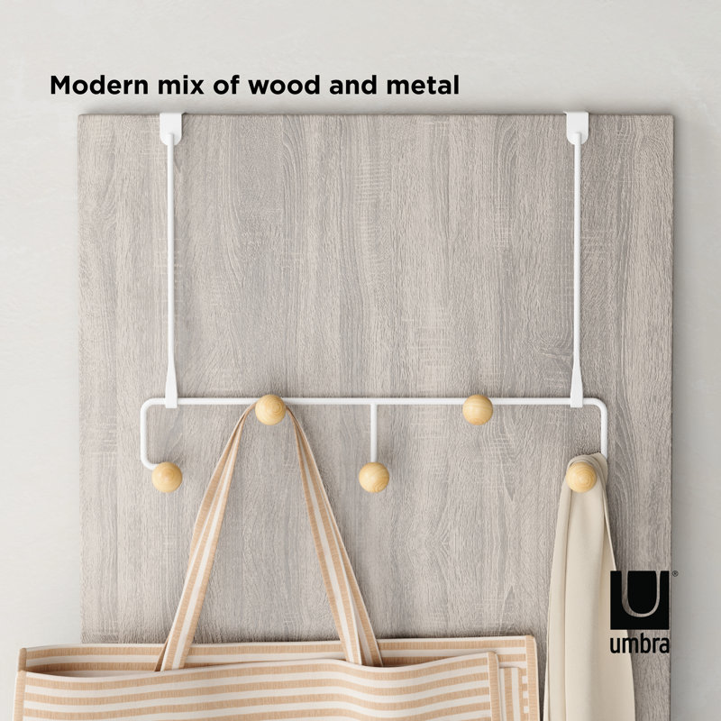 White Metal and Wood Over-the-Door 5-Hook Organizer