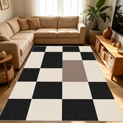 Tapis 1 pièce à motif quadrillé pour salon, doux et confortable, convient à toutes les saisons, facile à entretenir, tapis de sol intérieur lavable à la machine, convient à la chambre à coucher, à la salle à manger, à la cuisine, au patio, au balcon, à la maison, à la décoration extérieure.