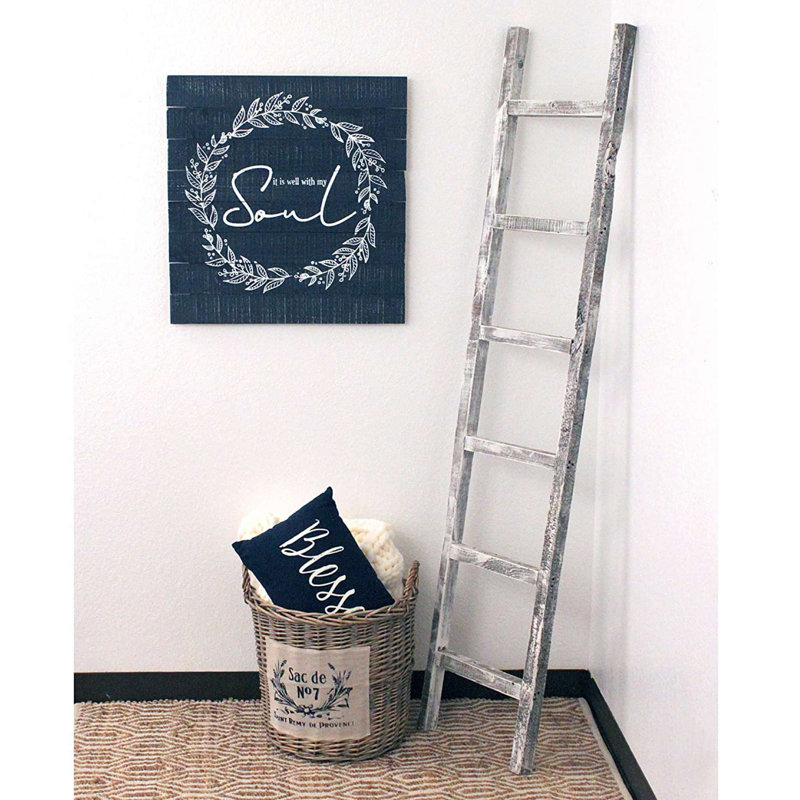 6 Step Rustic Wood Ladder Shelf, 72" H x 16" W x 2" D, White Wash