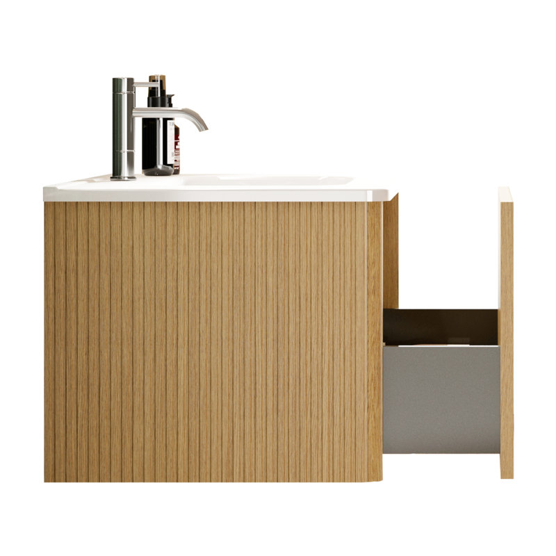 Meuble-lavabo de 30 po - Aspect chêne rayé naturel avec lavabo en céramique blanc et bords arrondis flottants