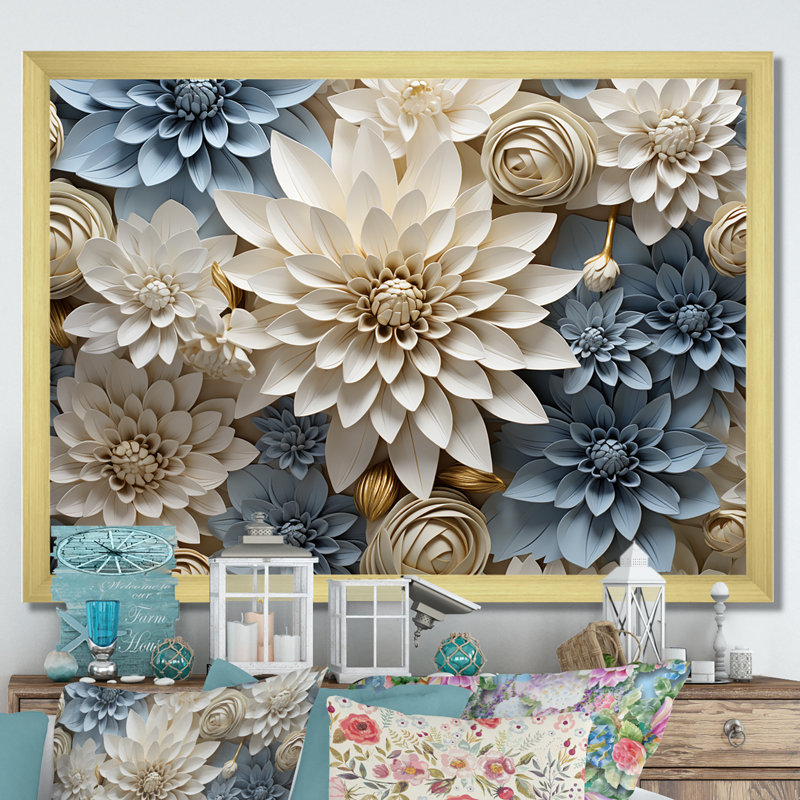 «Simplicity Mums Bloom» en beige et bleu pâle II - Mums, art mural, H 30 po x l 40 po x P 1,5 po, Cadre doré simple