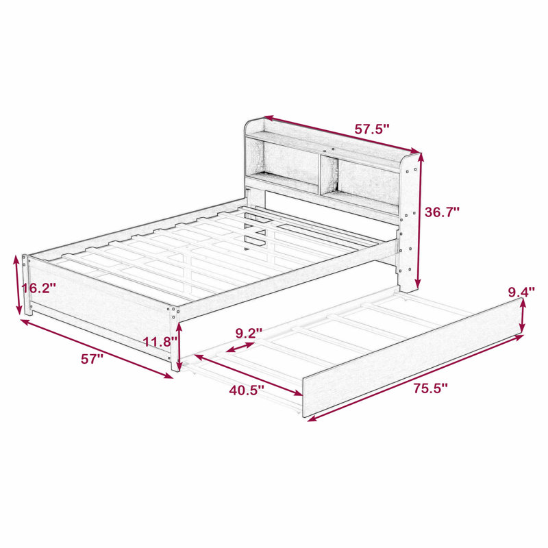 Lit plateforme en bois avec lit gigogne et tablettes, Espresso, Double