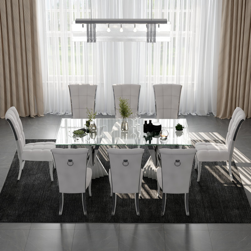 Dining Chairs, White Upholstered Velvet Dining Room Chairs With Metal Pull Ring Silver Legs (Set Of 2)