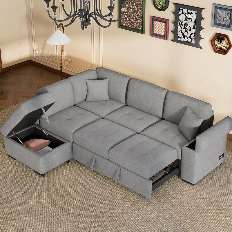 Sleeper Sectional Sofa, L-Shape Sofa-Bed with Storage Ottoman and Arm Storage
