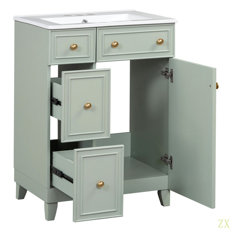 Armoire de meuble-lavabo 24 po avec lavabo en céramique, 2 tiroirs, 1 porte, Vert
