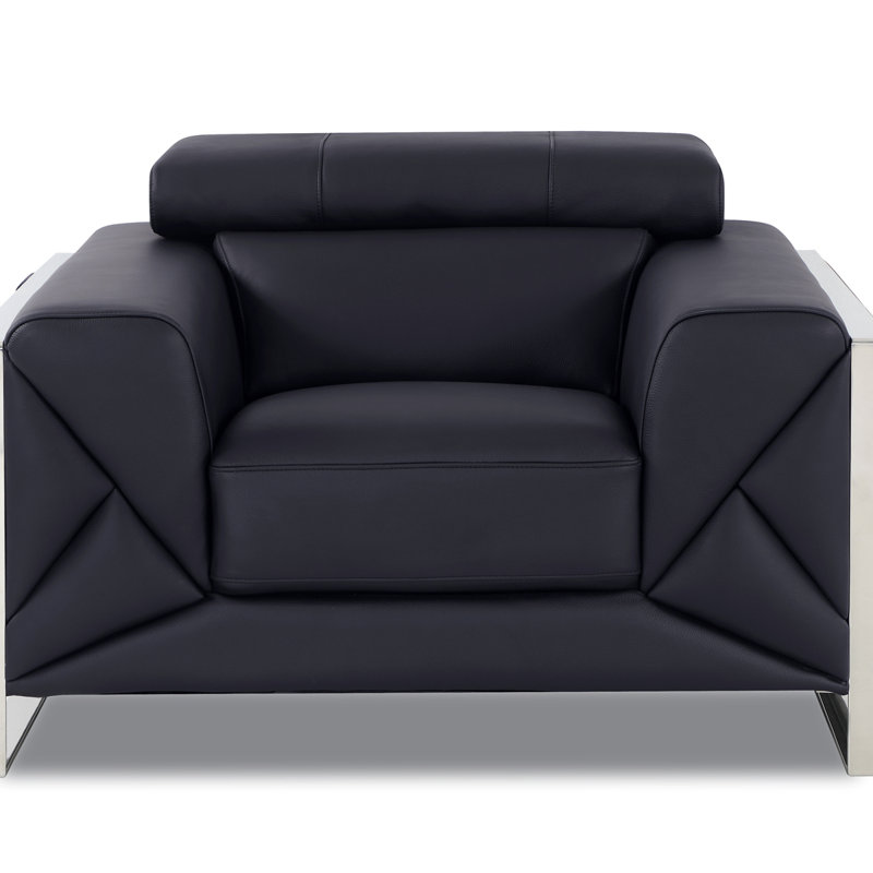 Fauteuil de coin en cuir Tyrena, Argent argent, Cuir noir Tyrena