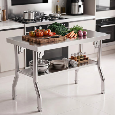 Stainless Steel Folding Table, 48" x 24" Double‑Layer Heavy‑Duty Commercial Work Prep Table for Restaurant, Kitchen, Grill, Indoor & Outdoor Use