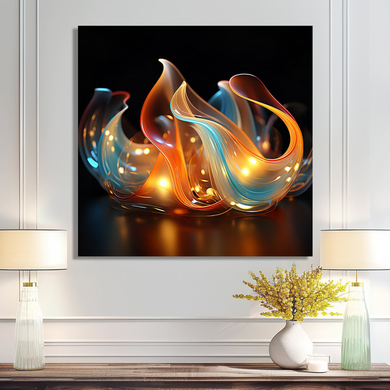 Feu, vagues d'eau, bleu et orange - formes modernes abstraites, art mural, Métal métal, H 36 po x l 36 po