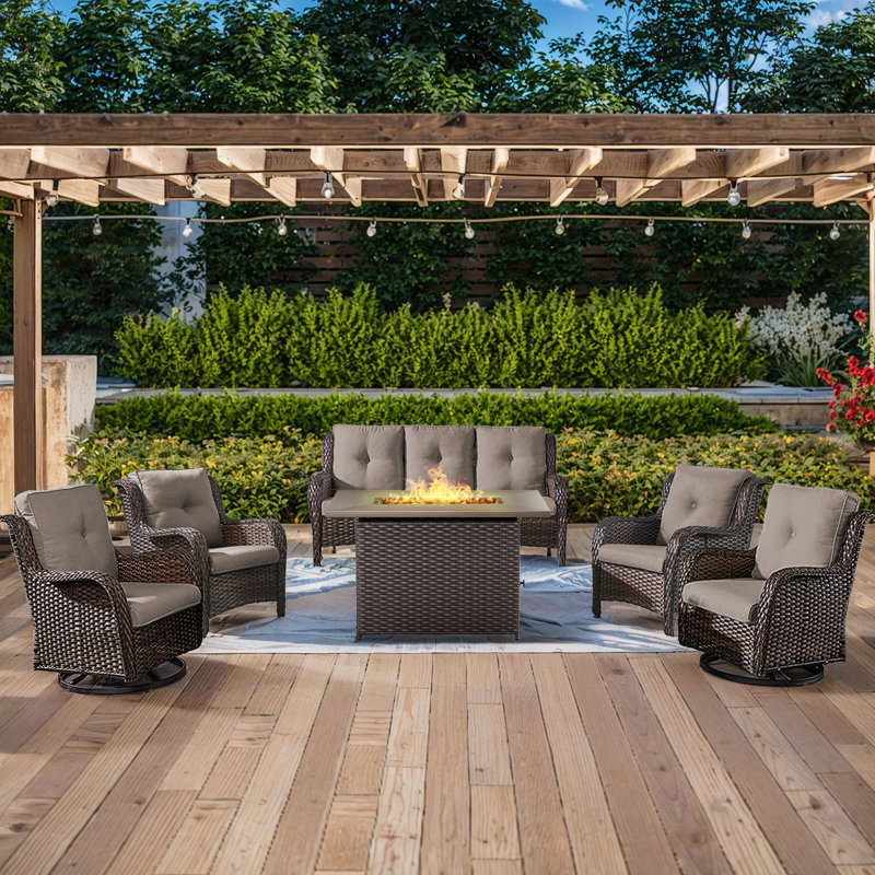 Ensemble de conversation pour patio en osier avec foyer d'extérieur et coussins 6 pièces Deb, Brun, Gris