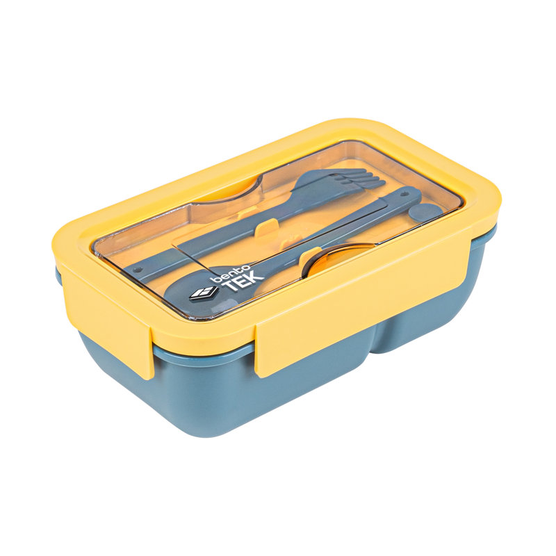Boîte à bento 28,7 onces, 1 contenant réutilisable pour le déjeuner - avec fourchette et cuillère, ne contient pas de BPA, boîte à lunch réutilisable en plastique bleu et jaune, micro-ondes, lavable au lave-vaisselle