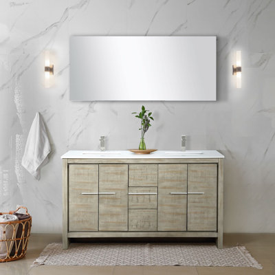 Lafarre 60"" Rustic Acacia Double Bathroom Vanity, White Quartz Top, White Square Sinks, Monte Chrome Faucet Set, And 55"" Frameless Mirror -  Lexora, LLF60DKSODM55FBN