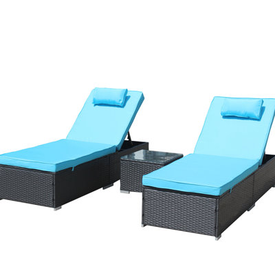 Outdoor Chaise Recliner - 3 Lounge Chair, Cushioned Chaise, Glass Coffee Table, Blue For Garden Patio Chair Lounger With Adjustable And Feet,