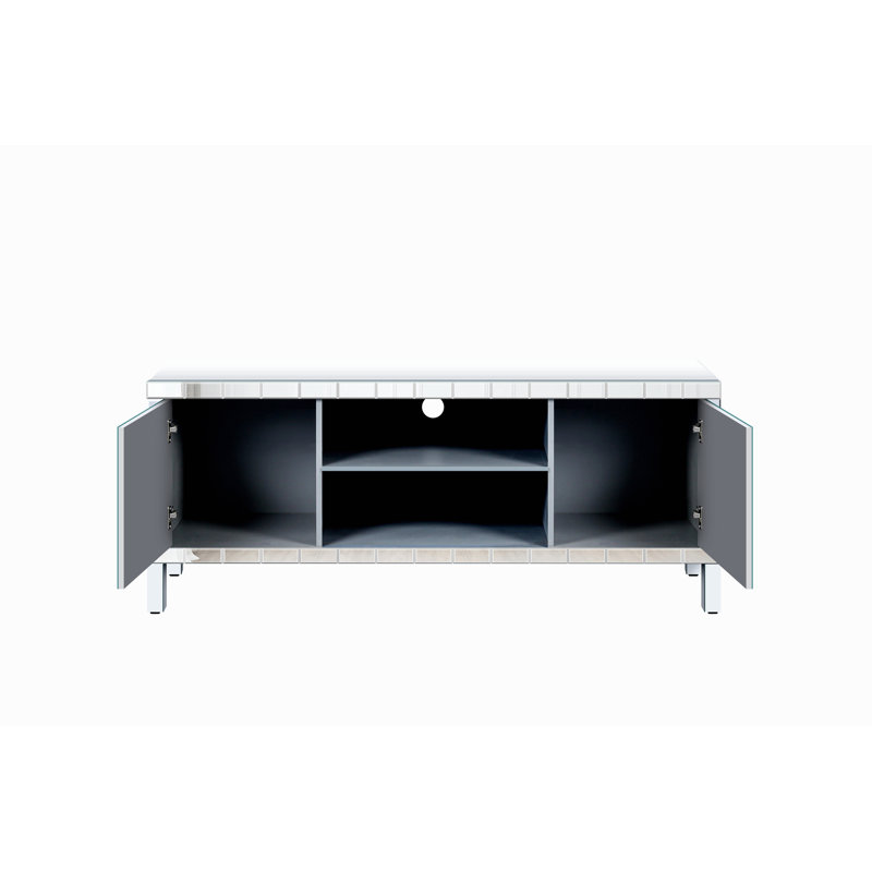 Meuble télé en miroir pour téléviseur de 65 pouces et plus, console de télévision argentée avec rangement ouvert et 2 armoires de rangement, portes de miroir étincelantes en forme de diamant pour le salon