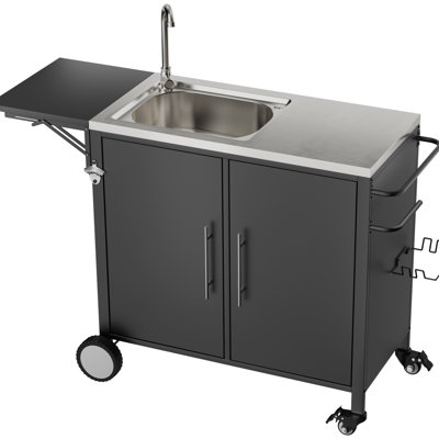 Table de barbecue extérieure avec évier et surface de travail pliable, îlot de cuisine en métal, roulettes pour chariot roulant, acier inoxydable 304, évier à usages multiples, plateforme verrouillable à 360 roues, armoire