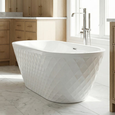 59" Diamond Textured Acrylic Freestanding Bathtub, Ergonomic Oval Design, Double-Wall Insulation, 8-Layer Coated Surface, Chrome Pop-Up Drain & Overflow