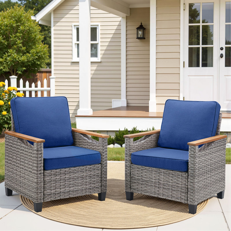 Ensemble de 2 chaises longues d'extérieur en osier gris avec coussins bleus pour véranda ou terrasse, Bleu