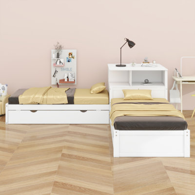 Base de lit en L tout-en-un avec tablettes de rangement, bureau, lit gigogne et lumières DEL